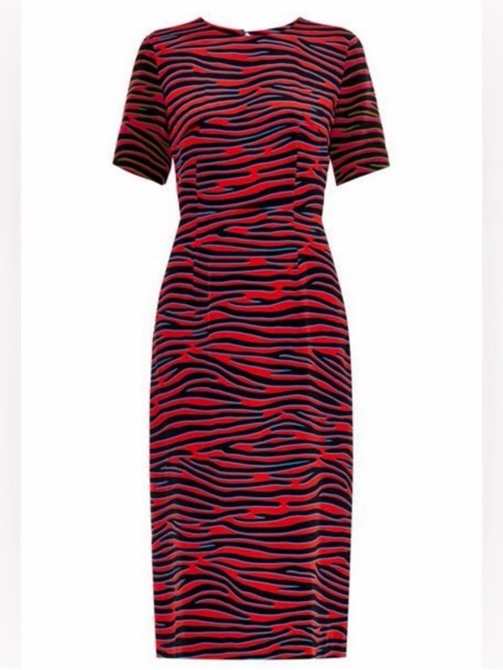 House of Holland Silk Red and Black Wave-Print Sheath Dress With Open Back